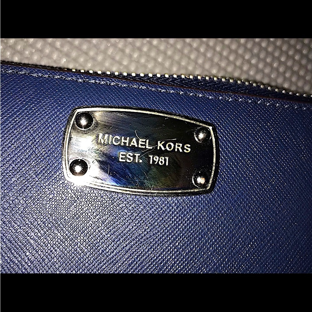 Michael Kors Royal Blue Saffiano Leather Zip Wallet with Silver Plaque
